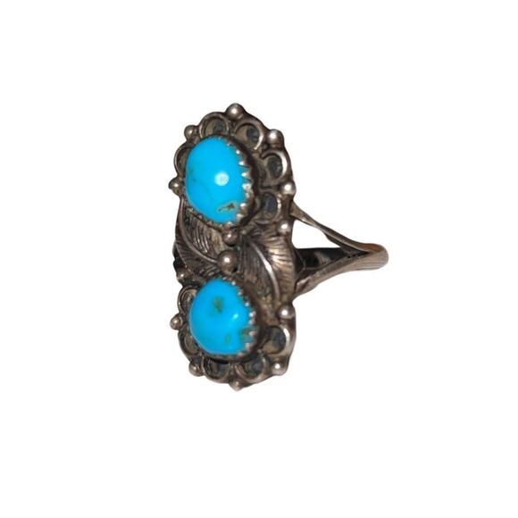 Vintage Navajo Turquoise & Sterling Silver Double Decker Ring - Picture 3 of 14